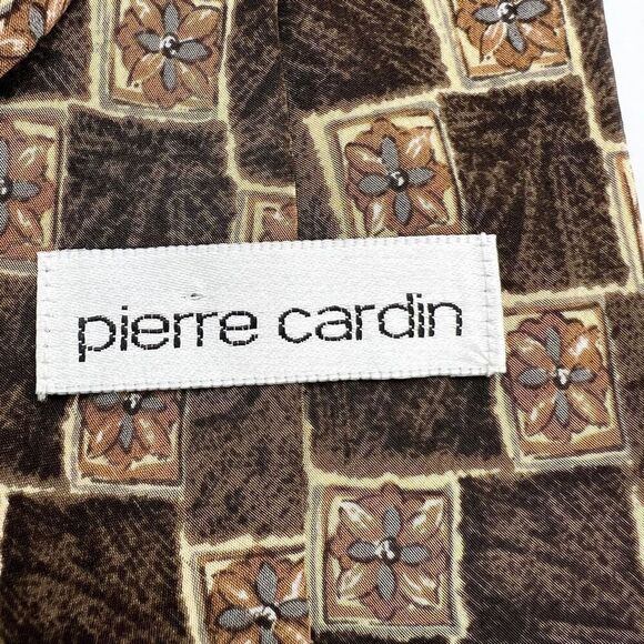 Pierre Cardin All Silk Tie Brown Blue Floral Check Pattern Made in USA - Picture 5 of 8